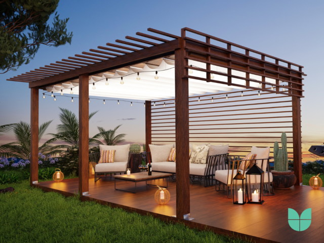 3D render of a teak wooden deck with decor furniture and ambient lighting.