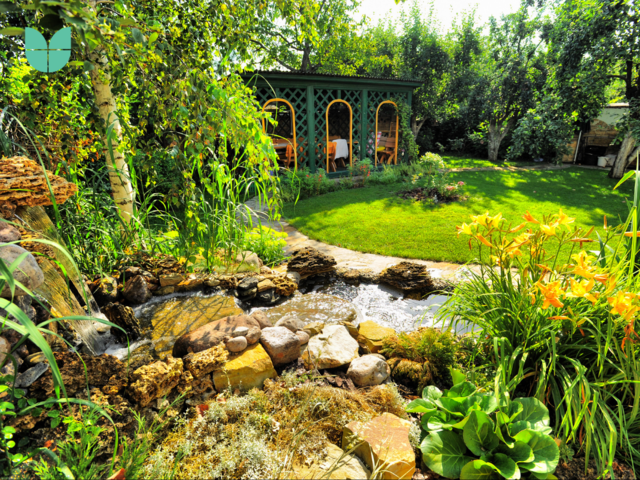 A garden with plants, grass, water feature and stones.